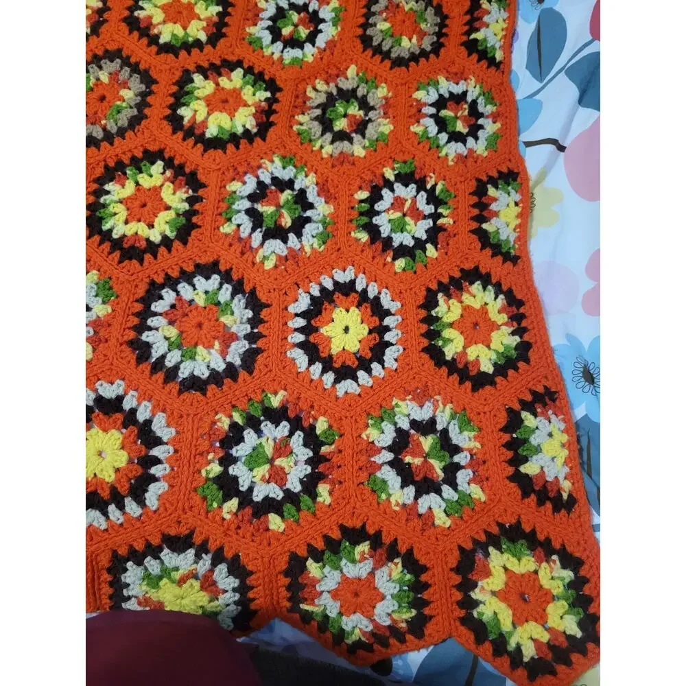 Vtg Granny 3D Flower Square Crochet Afghan Blanket Grannycore Handmade